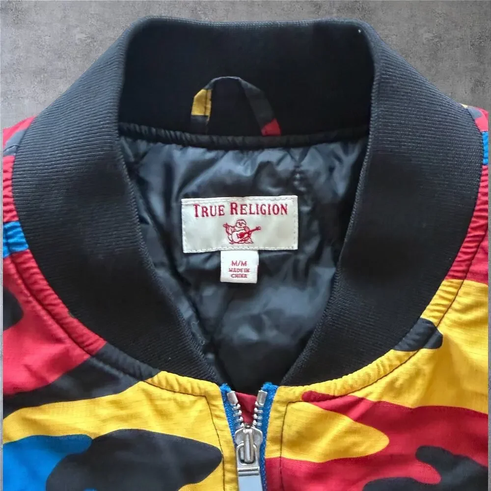 True Religion Camo Block Bomber Jacket Mens M Multicolor Primary Color Quilted